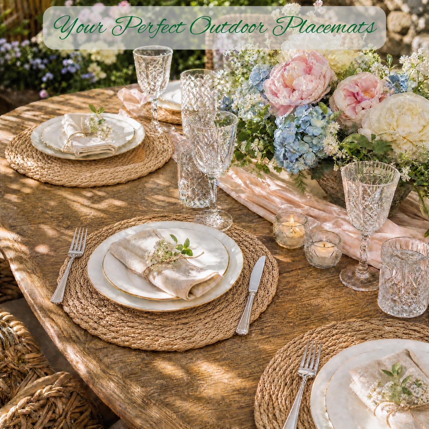 Round Woven Placemats Set of 12, 13.5 inch Boho Rattan Chargers for Dinner Plates, Rustic Wicker Place Mats, Hand-Woven from Natural Hyacinth, for Dining Table, Farmhouse, and Thanksgiving