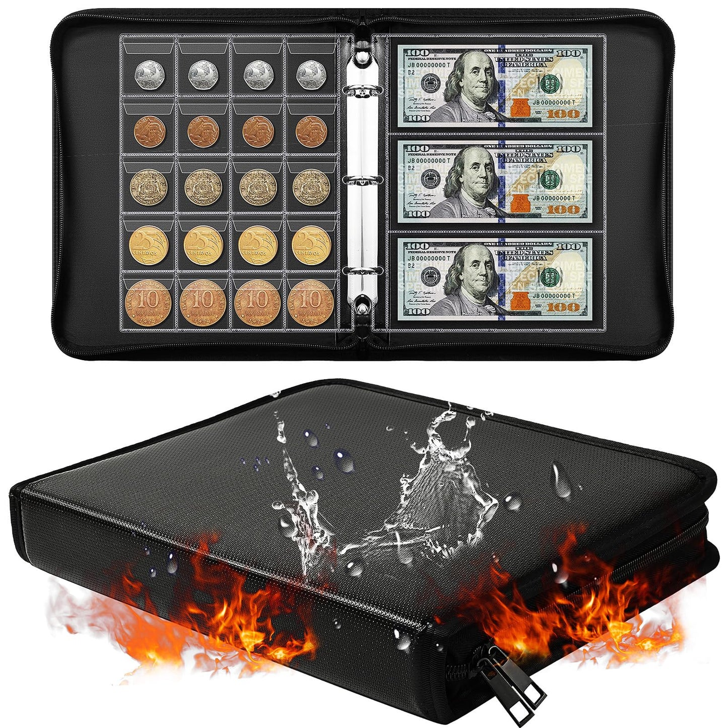 Ettonsun Fireproof Coin Collection Book Holders for Collectors, 460 Pockets Coin Organizer Sleeves Coin Album & 36 Currency Sleeves Album Money Holder Coin Storage Case (Black)
