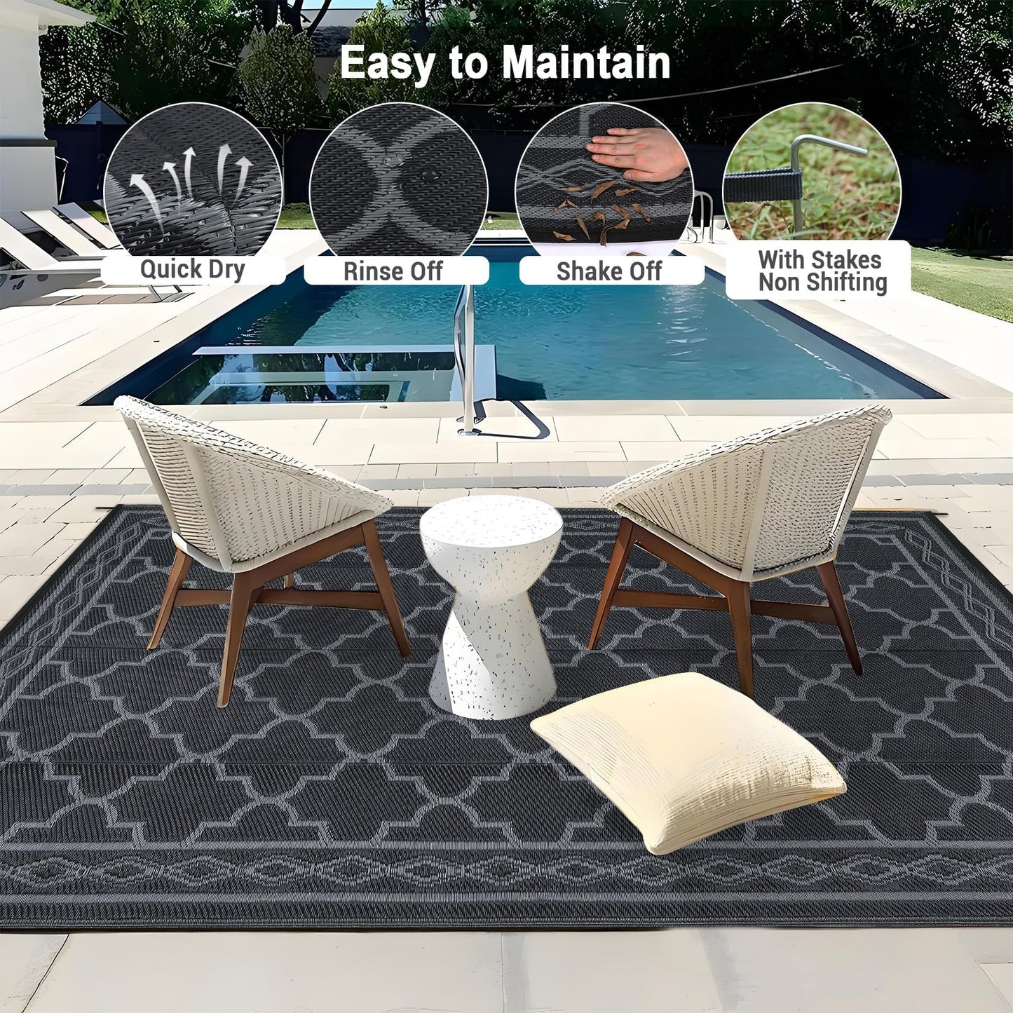 Garvee Morocco Outdoor Plastic Straw Rug 6'x9', Patio Rugs for Camping, Reversible Outdoor Carpet for RV, Waterproof Geometric Mat for Picnic, Deck Balcony Porch Backyard,Black & Grey