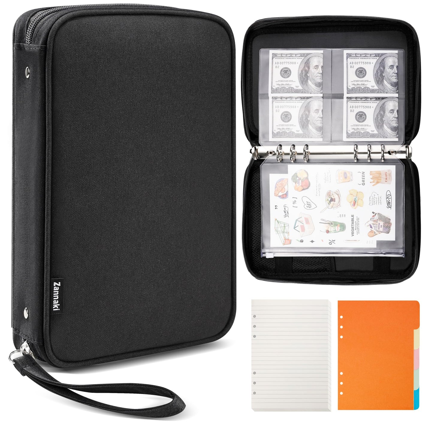 Zannaki A5 Zipper Binder with Binder Pockets, Dividers, Refill Paper, 6 Ring Refillable Binder Notebook for Personal Planner Journal Cash Budget Diary File Album Photocard Portable Travel Organizer