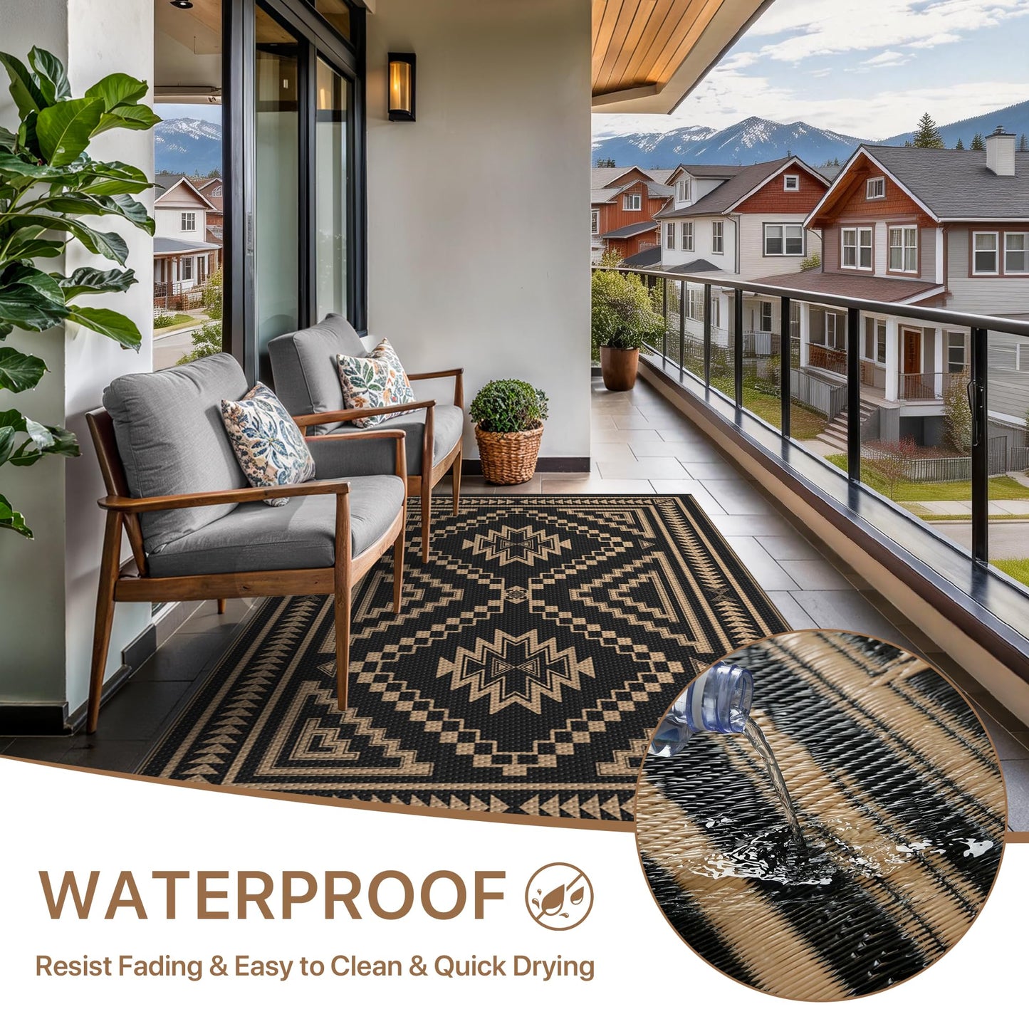 GENIMO Outdoor Rug for Patio Clearance - 5x8 ft Waterproof Plastic Camping Rugs, Reversible Outside Rv Mat Carpet for Porch, Deck, Picnic, Balcony, Beach, Backyard, Black Brown