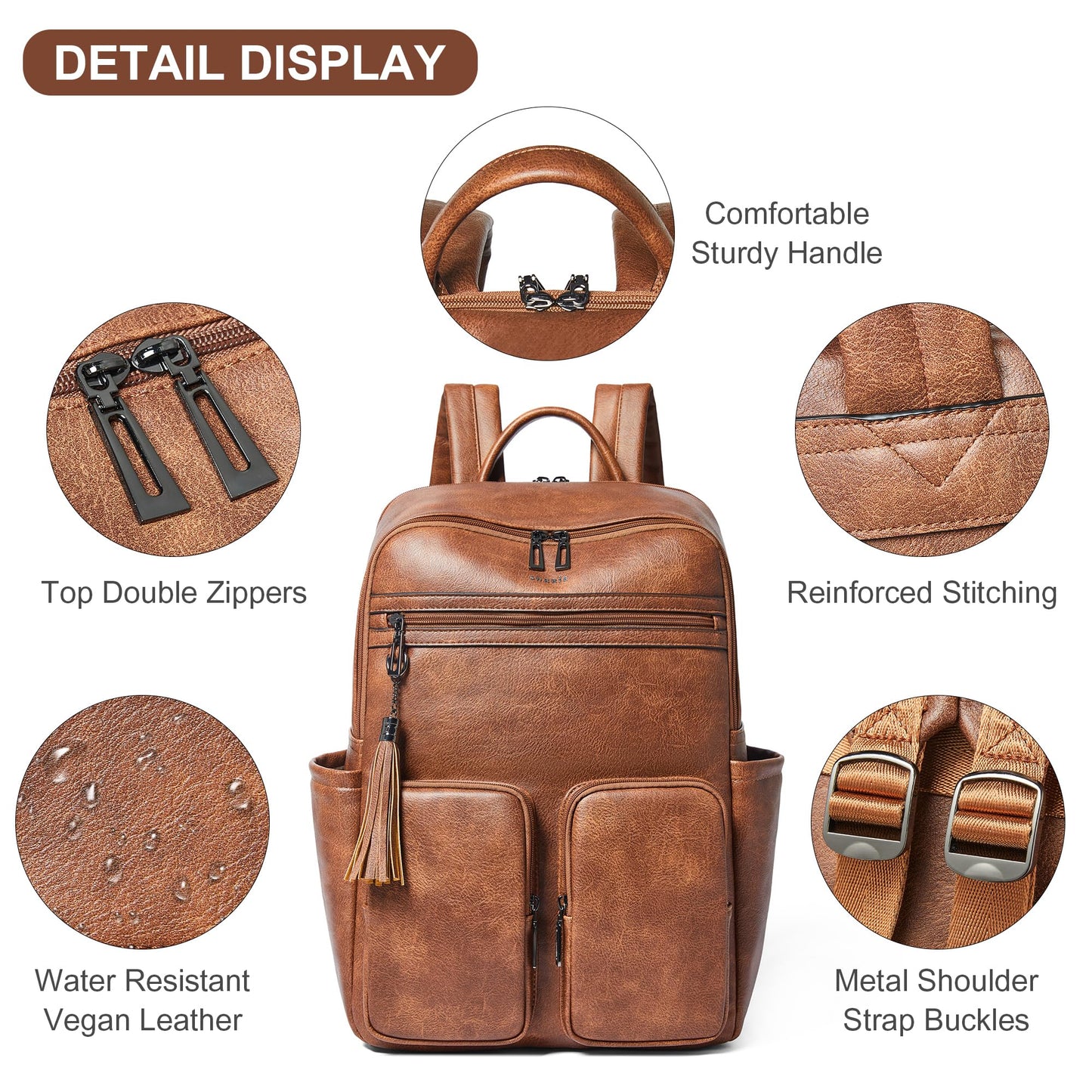 Shrrie Laptop Backpack for Women 16 Inch,Vegan Leather Travel Backpack Purse Work Business Computer Backpacks Teacher Nurse College Laptop Bookbag Casual Daypack,Two-toned Brown