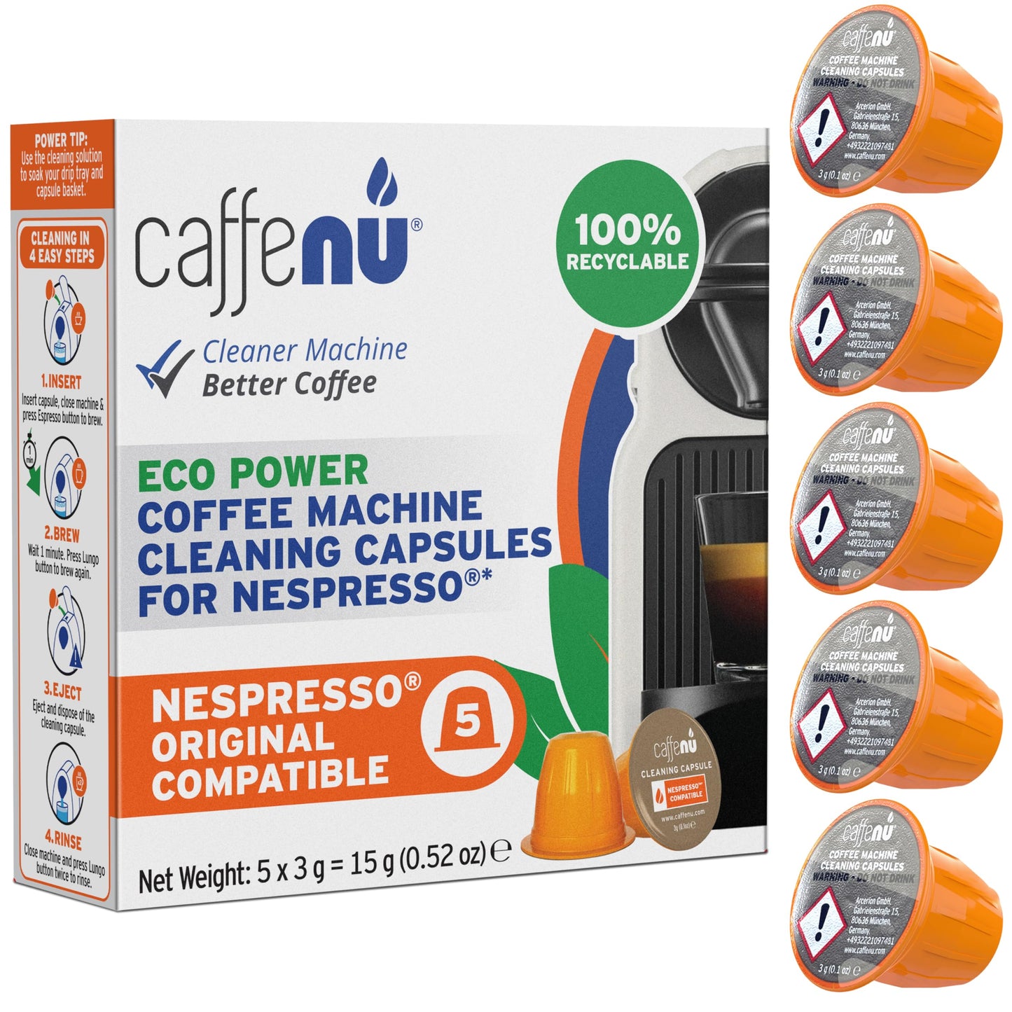 Caffenu Cleaning Pods Compatible with Nespresso Originaline. Improves Coffee Flavor. 5 Cleaning Capsules, Use with Descaling Kit.