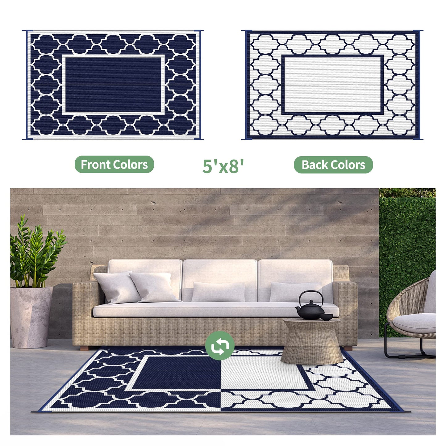 GENIMO Outdoor Rug Waterproof for Patio Decor, Foldable Reversible Plastic Straw Area Rugs Mat for Camper, Outside Carpet for Rv, Deck, Porch, Picnic, Beach, Balcony