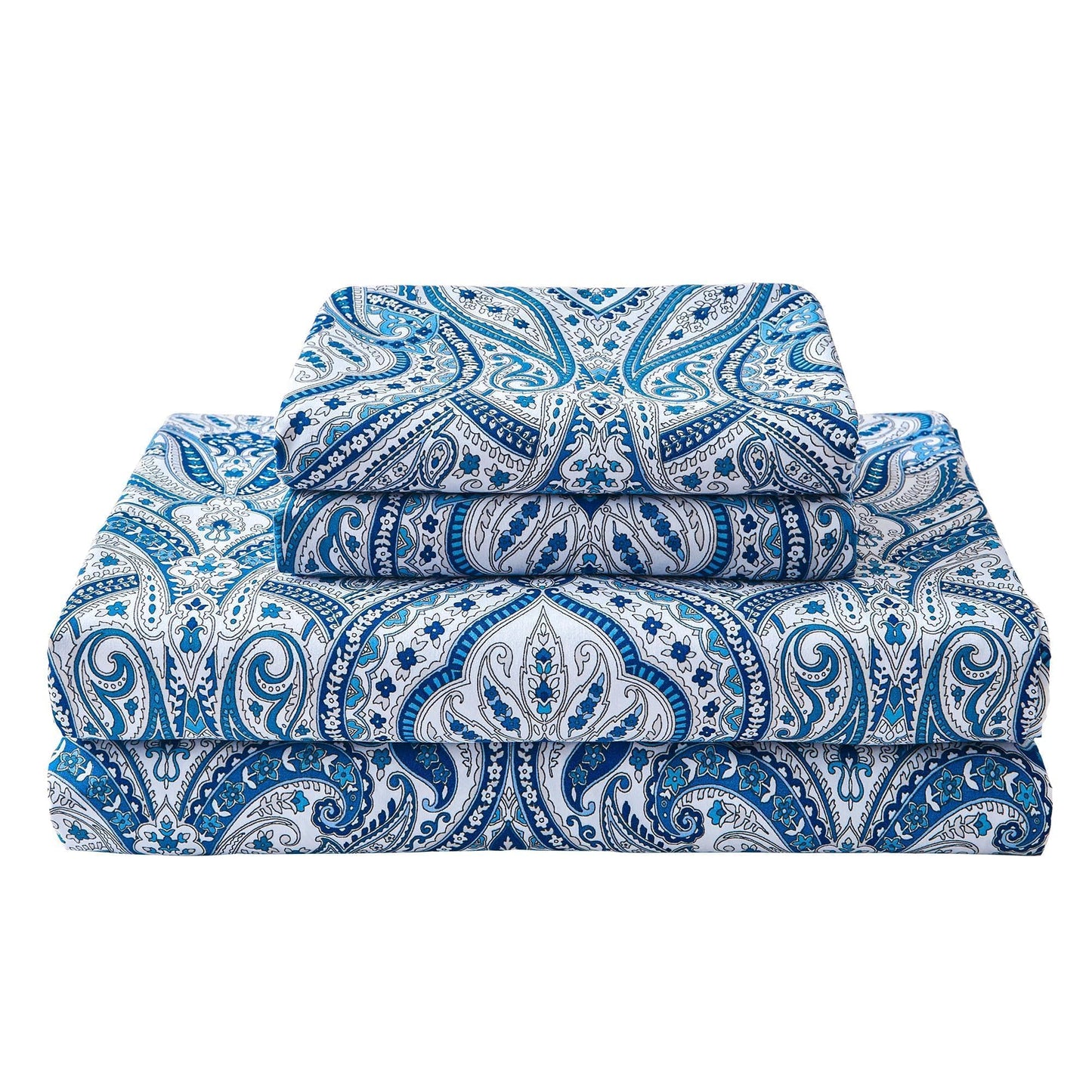 Blue Paisley Printed Bed Sheets Queen Size, Floral Sheet Set Queen, Brushed Microfiber Fitted Sheet with 15" Deep Pocket, Flower Sheet & Pillowcase Sets