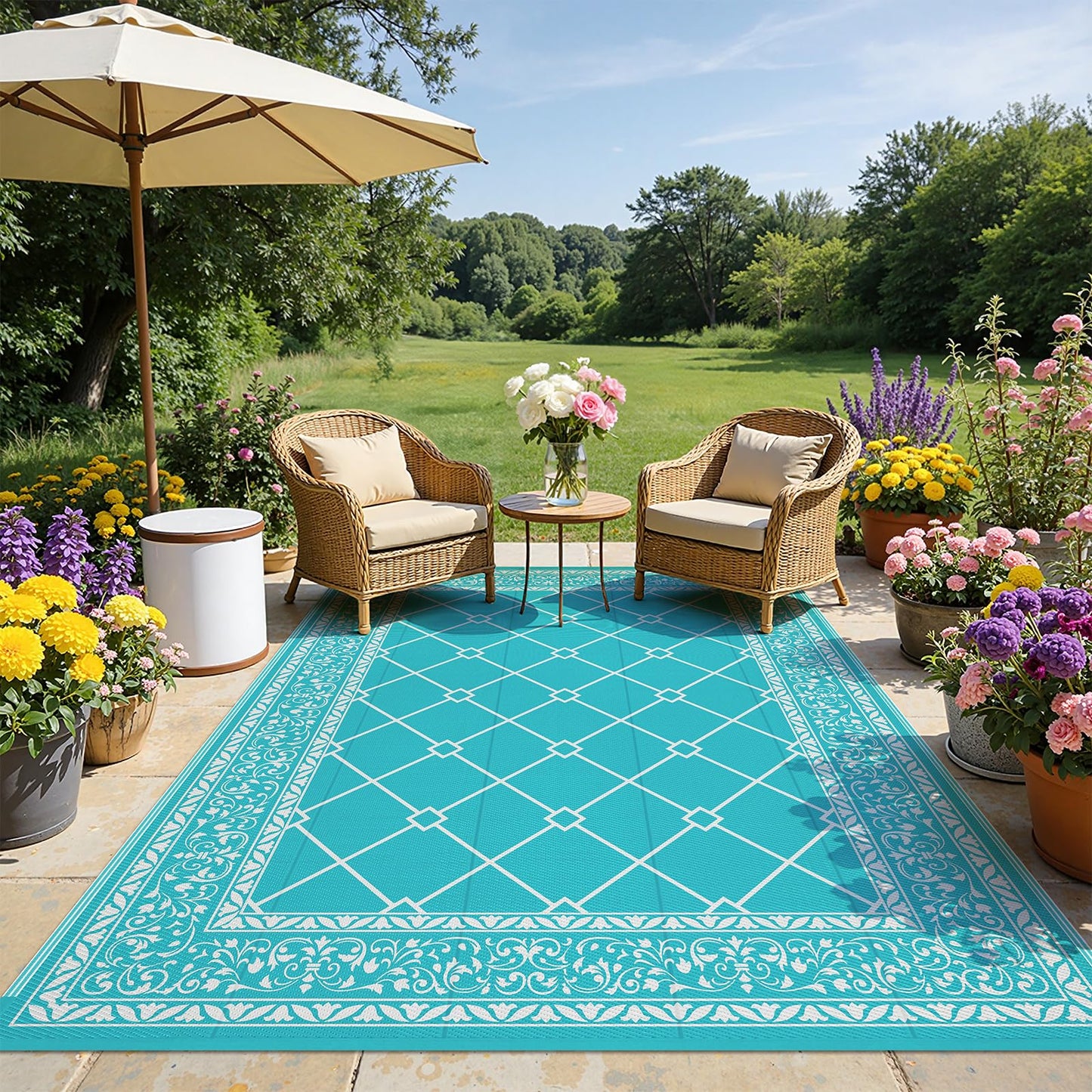 HEBE 8x10 Outdoor Rug Waterproof, Reversible Outdoor Area Rug, Portable Plastic Outside Rug Carpet, Geometric RV Camping Rug Mat for Patio Picnic Backyard Deck Balcony Porch Beach Trailer, Teal