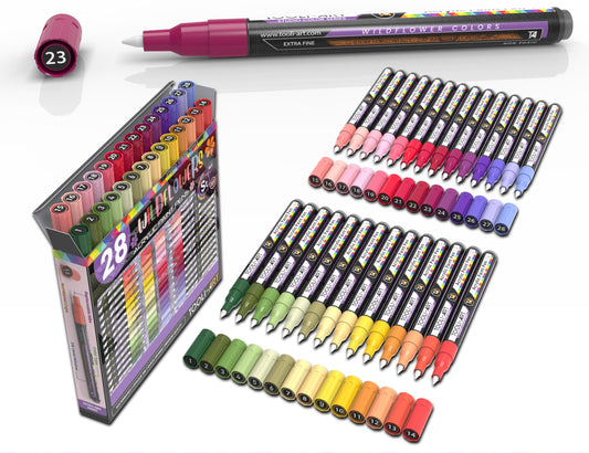 28 Wildflower Colors Acrylic Paint Pens Studio Color Series Markers Set 0.7mm Extra Fine Tip, Rock Painting, Glass, Mugs, Wood, Metal, Canvas, DIY, Detailing. Non Toxic, Waterbased, Quick Drying