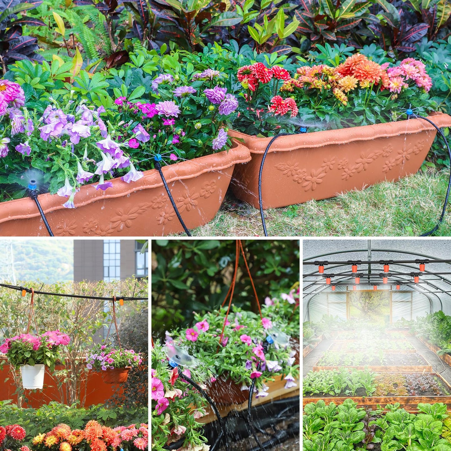 MIXC Greenhouse Micro Drip Irrigation Kit Automatic Irrigation System Patio Misting Plant Watering System with 1/4 inch 1/2 inch Tubing Hose Adjustable Nozzle Emitters Sprinkler Barbed Fittings