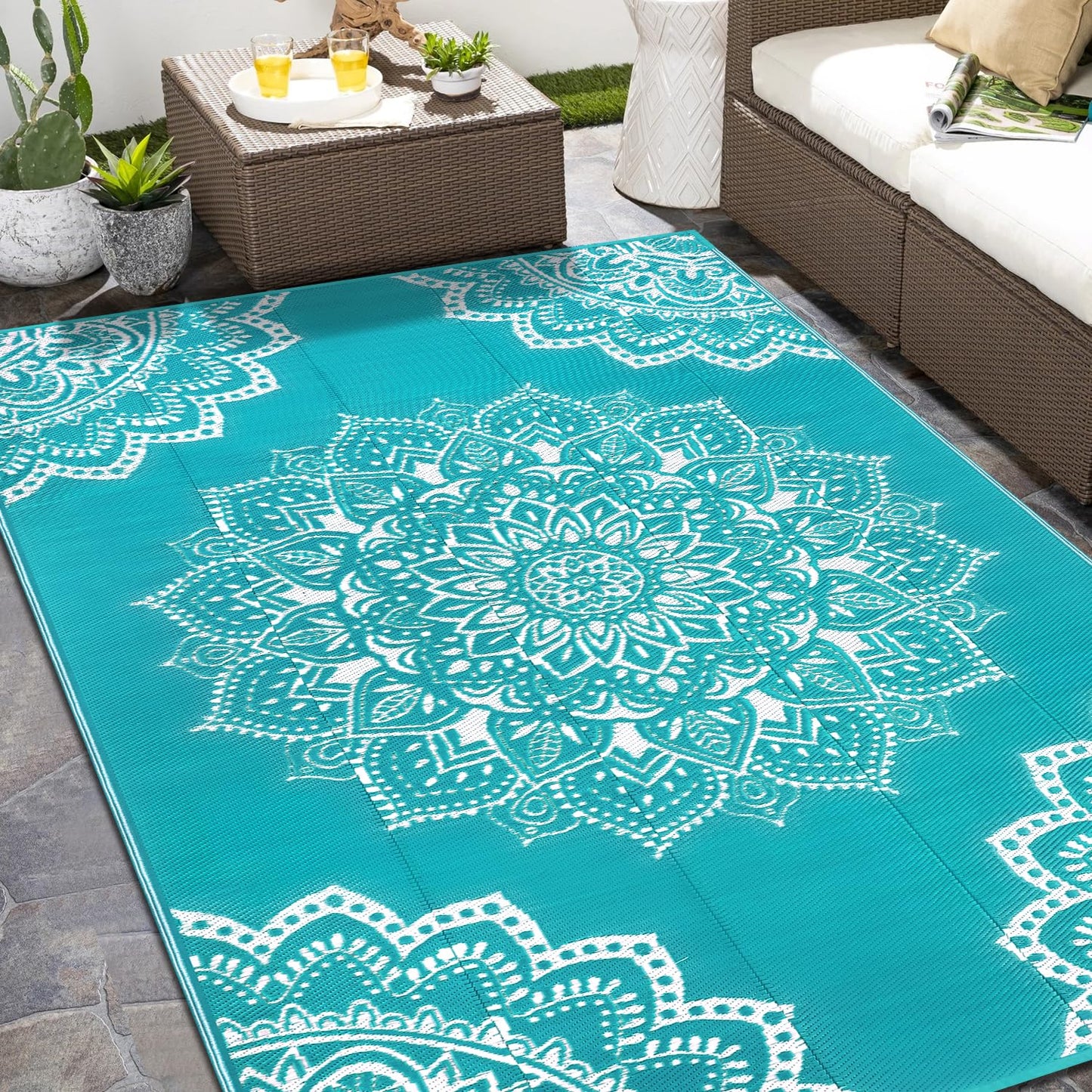 Yamaziot Waterproof Outdoor Rug 6x9 ft, Reversible Plastic Straw Rug for Patio Clearance, Camping, RV Mat, Large Outside Rug Carpet for Porch, Deck, Backyard, Balcony, Picnic (Blue)