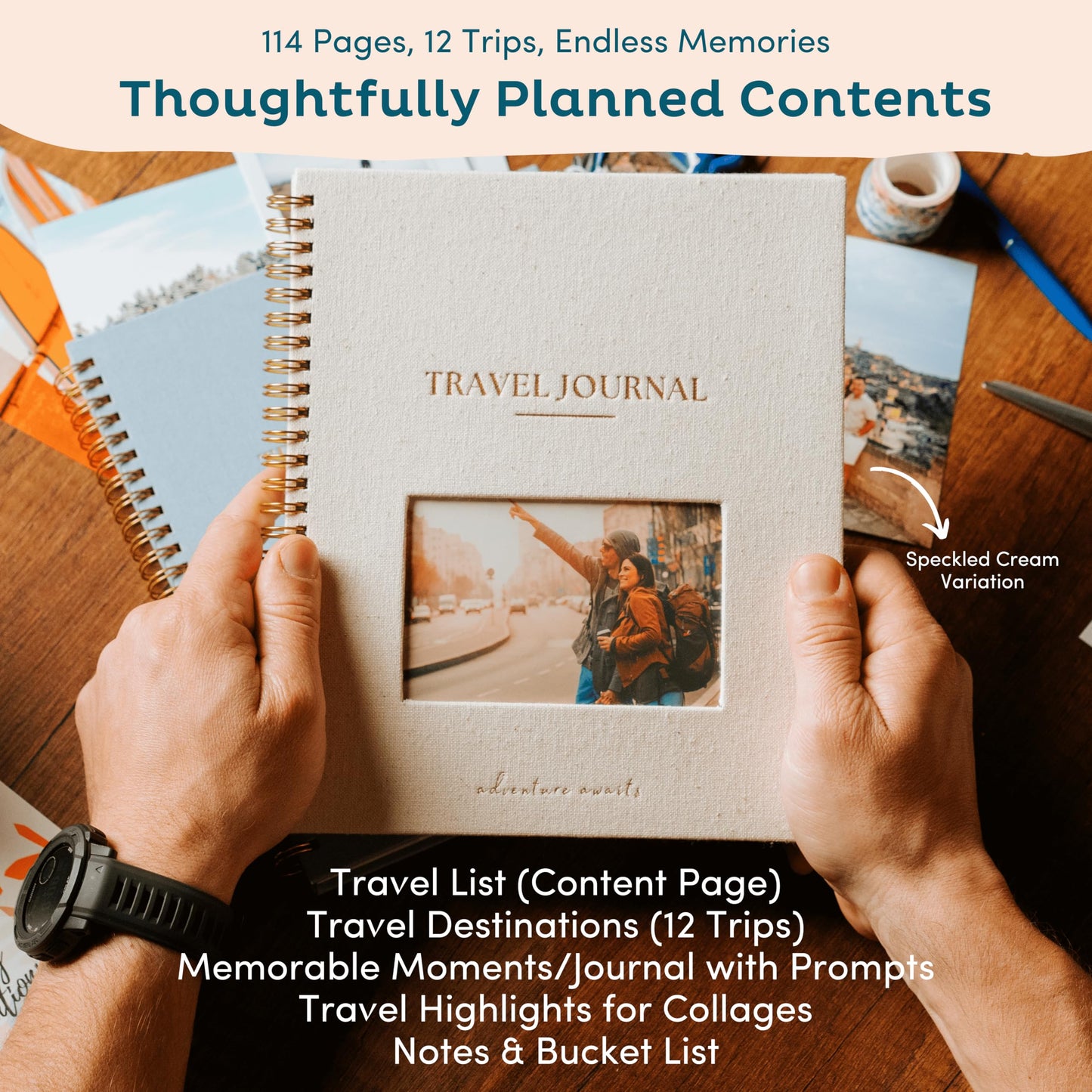 Nook Theory Personalized Travel Journal for Women, Men - Linen Travelers Notebook, Adventure Book with Prompts, Perfect for Travel Gifts (Ocean)