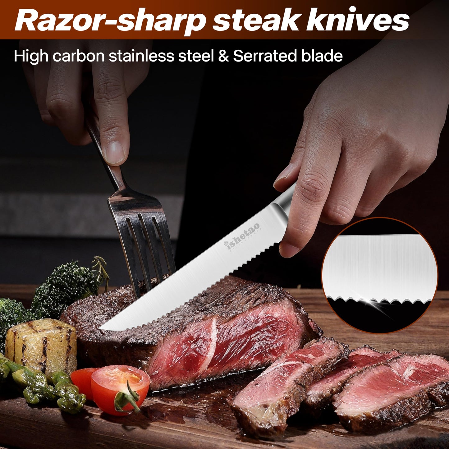 isheTao Steak Knives, 4.5 inches Steak Knife Set of 6, Dishwasher Safe High Carbon Stainless Steel Steak Knife, Silver