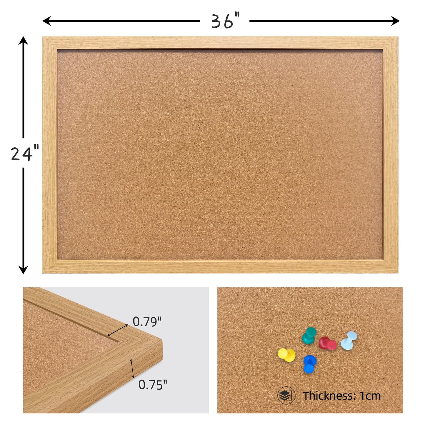 Yunihome Cork Bulletin Board, 36x24 Inches Hanging Cork Board Wooden Framed with Pins for Wall, Dorm Room, Office, Home Decor – Natural Cork & Black Frame