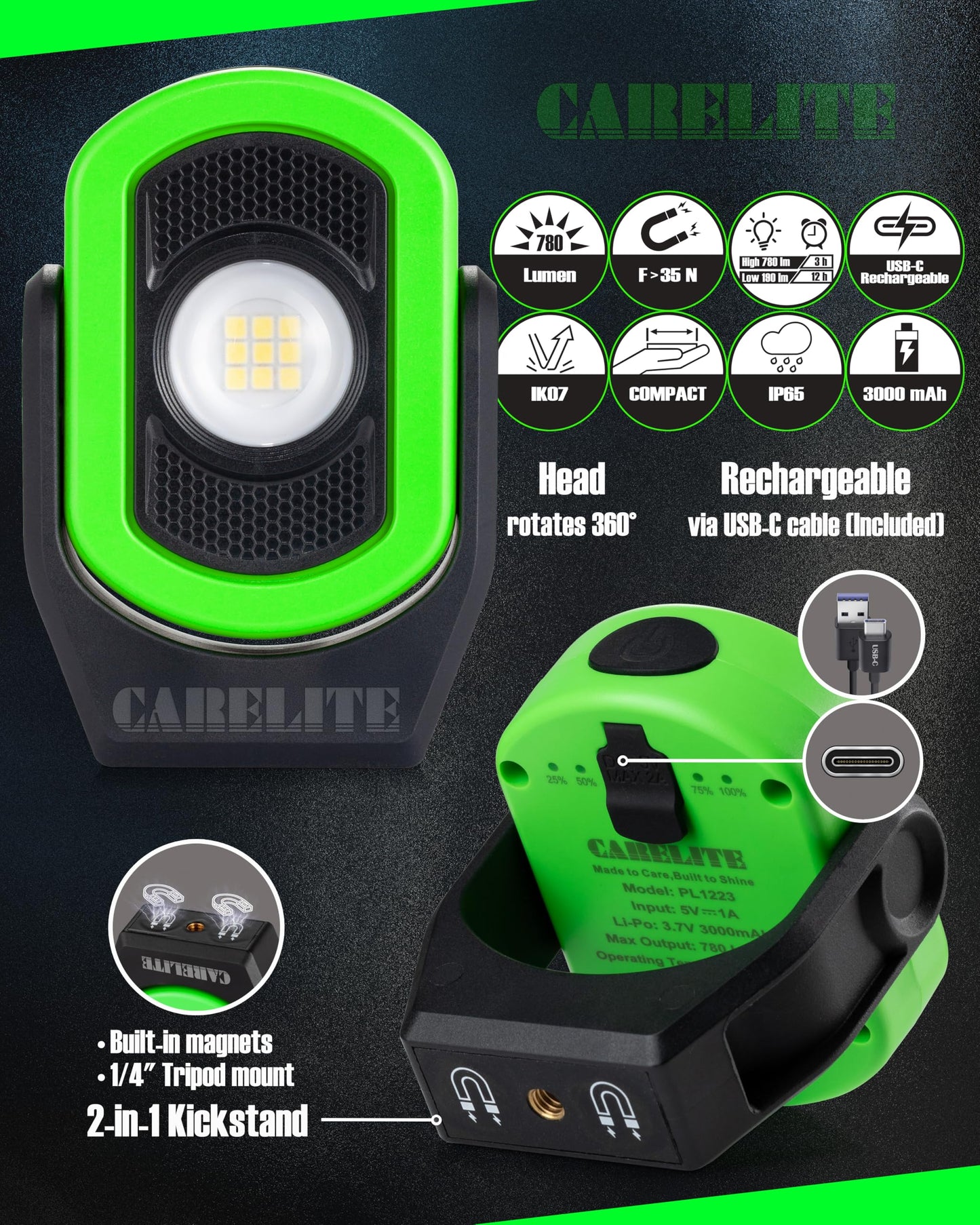 CARELITE Magnetic Work Light – 780 Lumen Compact Pocket Light, Rechargeable 3000mAh, 360° Pivot, Durable & Portable for Mechanics & Jobsites (Green, 1 Pack)