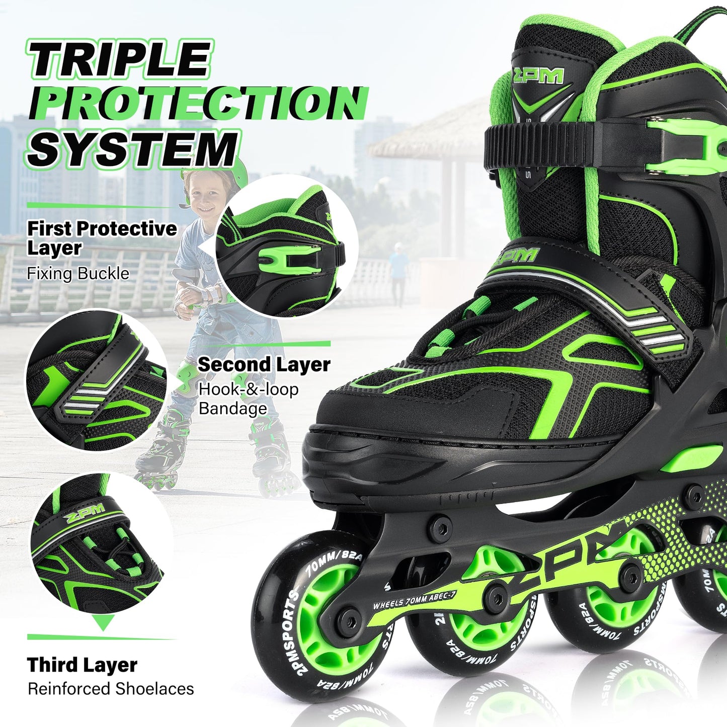 2PM SPORTS Torinx Green Black Boys Adjustable Inline Skates, Fun Roller for Kids, Beginner Roller Skates for Girls, Men and Ladies - Green Medium