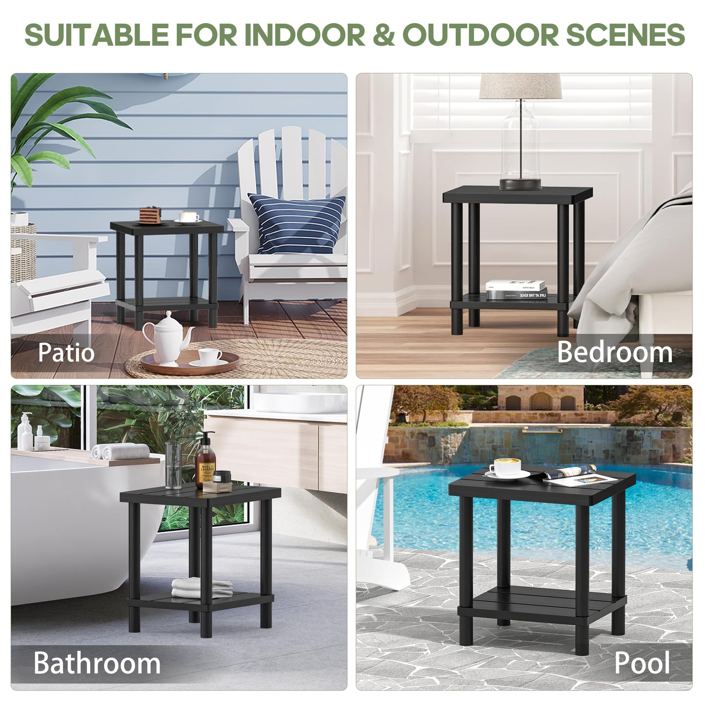 Outdoor Side Table, 2-Tier Small Outdoor Table for Patio, Adirondack Side Table for Outside or Indoor, Bamboo End Table for Pool, Porch, Weather Resistant Easy Maintenance(Black)