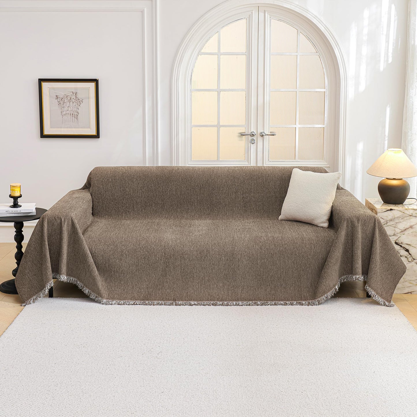 MYSKY HOME Couch Cover for Dogs, Washable Couch Covers, Non Slip Couch Sofa Cover, Couch Cover 2 Cushion Sofa Dogs Furniture Protector with Tassels Chenille Sofa Covers for Pets, 71"x118", Sand