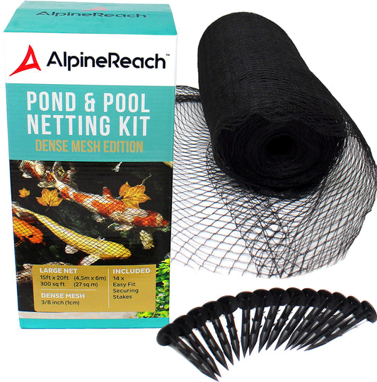 AlpineReach Koi Pond Netting Kit 15ft x 20ft (4.5m x 6m) Black Heavy Duty Woven Fine Mesh Net Cover for Leaves - Protects Koi Fish from Blue Heron Birds, Cats & Predators – Reusable & Stakes Included