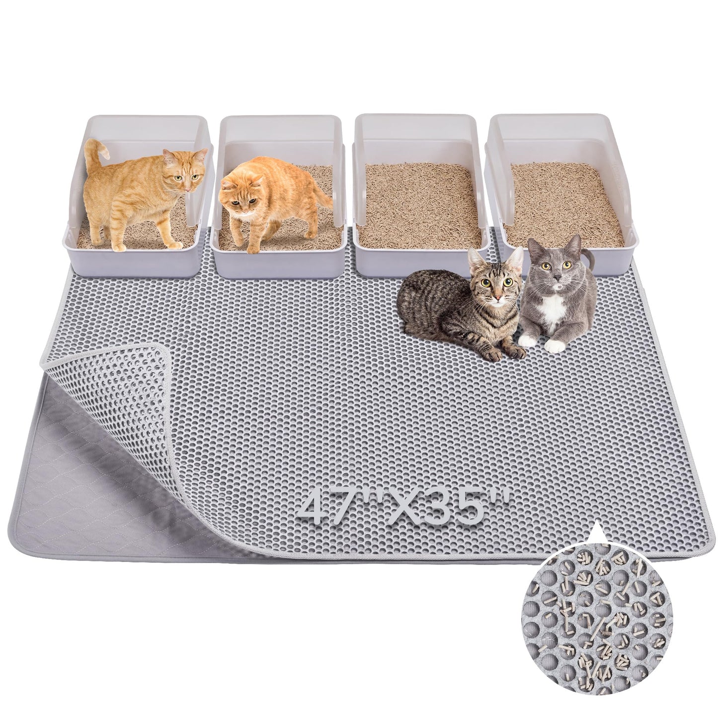 BurgeonNest Cat Litter Mat 119x89cm, Upgraded Felt & Fabric Material Tapis Litiere Chat for Fewer Creases, Urine-Proof Machine Washable Double Layer Hold 3-4 Litter Boxes, Non-Slip, Soft on Paws, Grey
