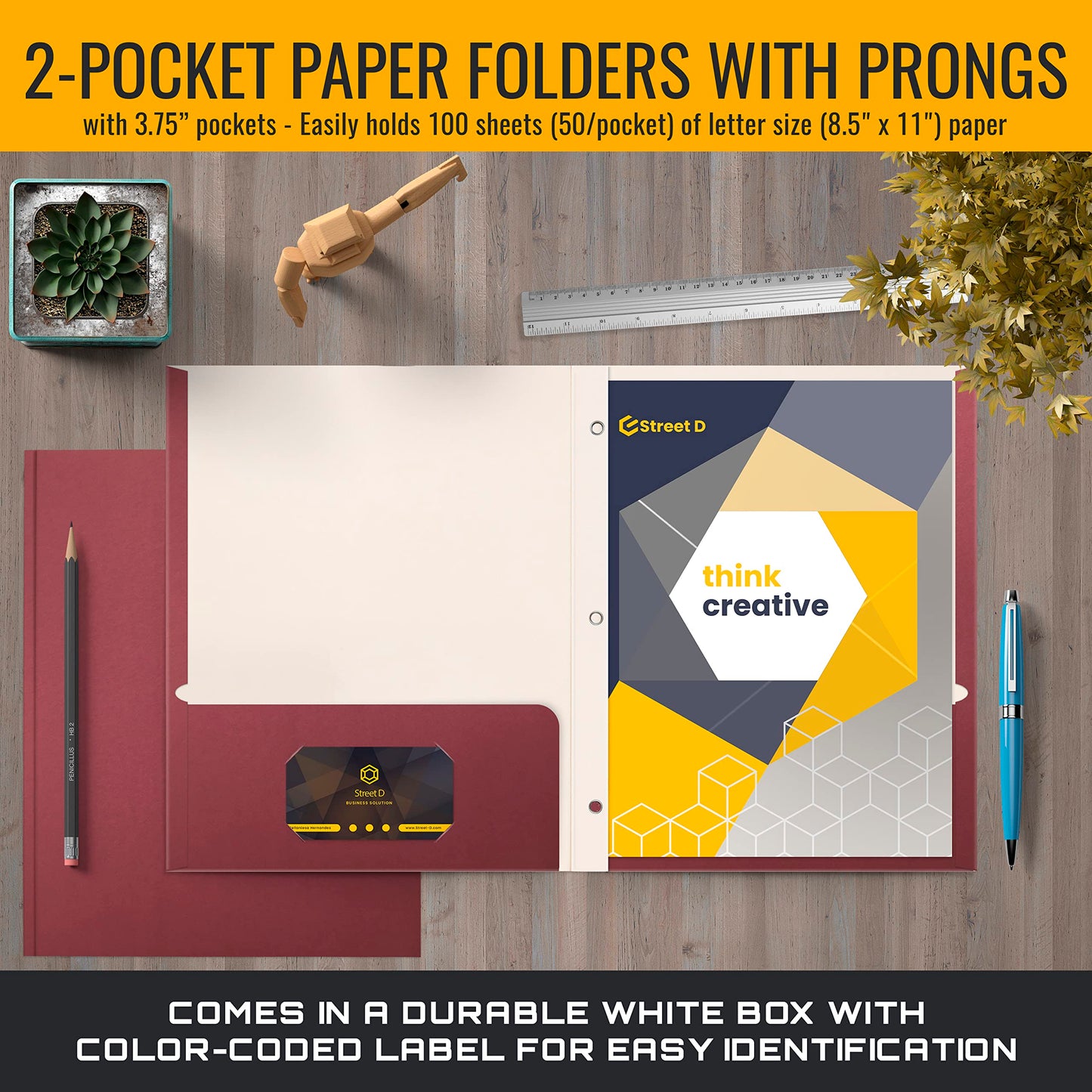 Better Office Products Burgundy Paper 2 Pocket Folders with Prongs, 50 Pack, Matte Texture, Letter Size Paper Folders, 50 Pack, with 3 Metal Prong Fastener Clips, Burgundy Red