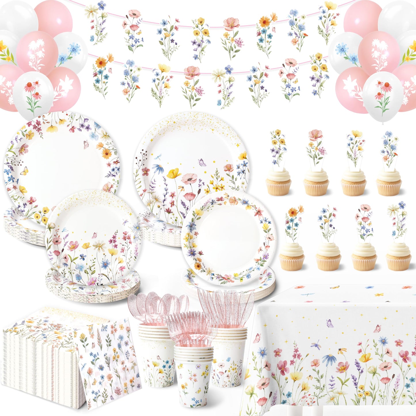 202PCS Wildflower Party Decorations Set for 24 Guests – Floral Plates, Cups, Napkins, Banner, Balloons, Tablecloth & Cutlery | Garden Baby Shower, Spring Birthday Party Supplies