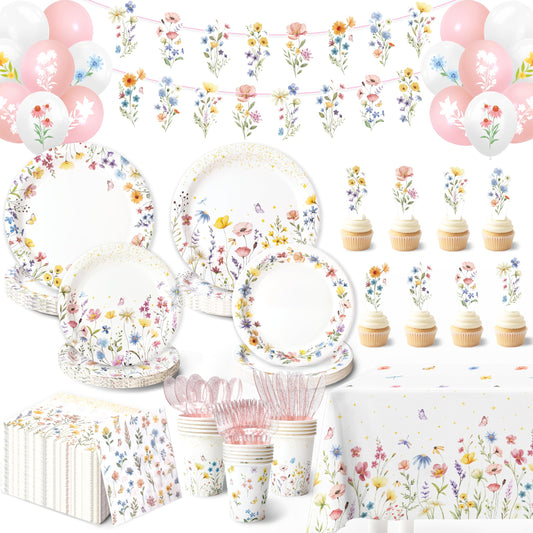 202PCS Wildflower Party Decorations Set for 24 Guests – Floral Plates, Cups, Napkins, Banner, Balloons, Tablecloth & Cutlery | Garden Baby Shower, Spring Birthday Party Supplies
