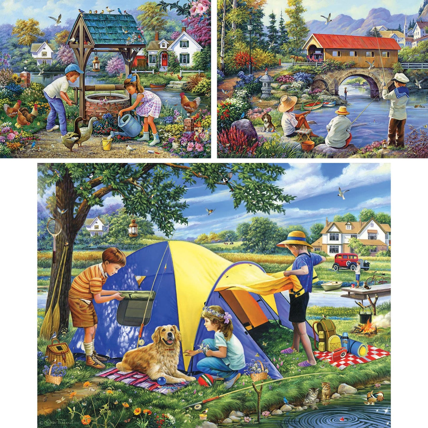 Bits and Pieces - Value Set of Three (3)- 300 pc Summer in The Village, Fishing by A Covered Bridge, Camping Close to Home Jigsaw Puzzle for Adults by Artist Oleg Gavrilov