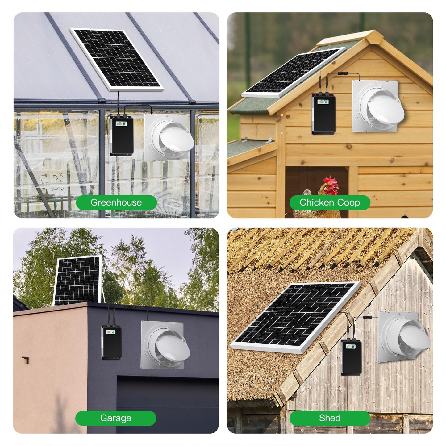 blessny Solar Powered Rechargeable Exhaust Fan, 25W Solar 8" Ventilation Vent Fan with 66.6 Wh Battery Backup for Outside Greenhouse, Chicken Coop, Shed, Pet House