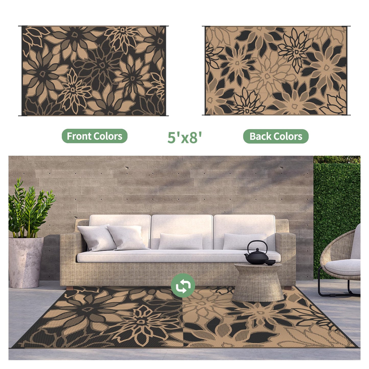 GENIMO Outdoor Rug Waterproof for Patio Decor, Reversible Plastic Straw Floral Camping Carpet, Large Area Rug Mat for RV, Camper, Deck, Balcony, Porch, Beach, Picnic