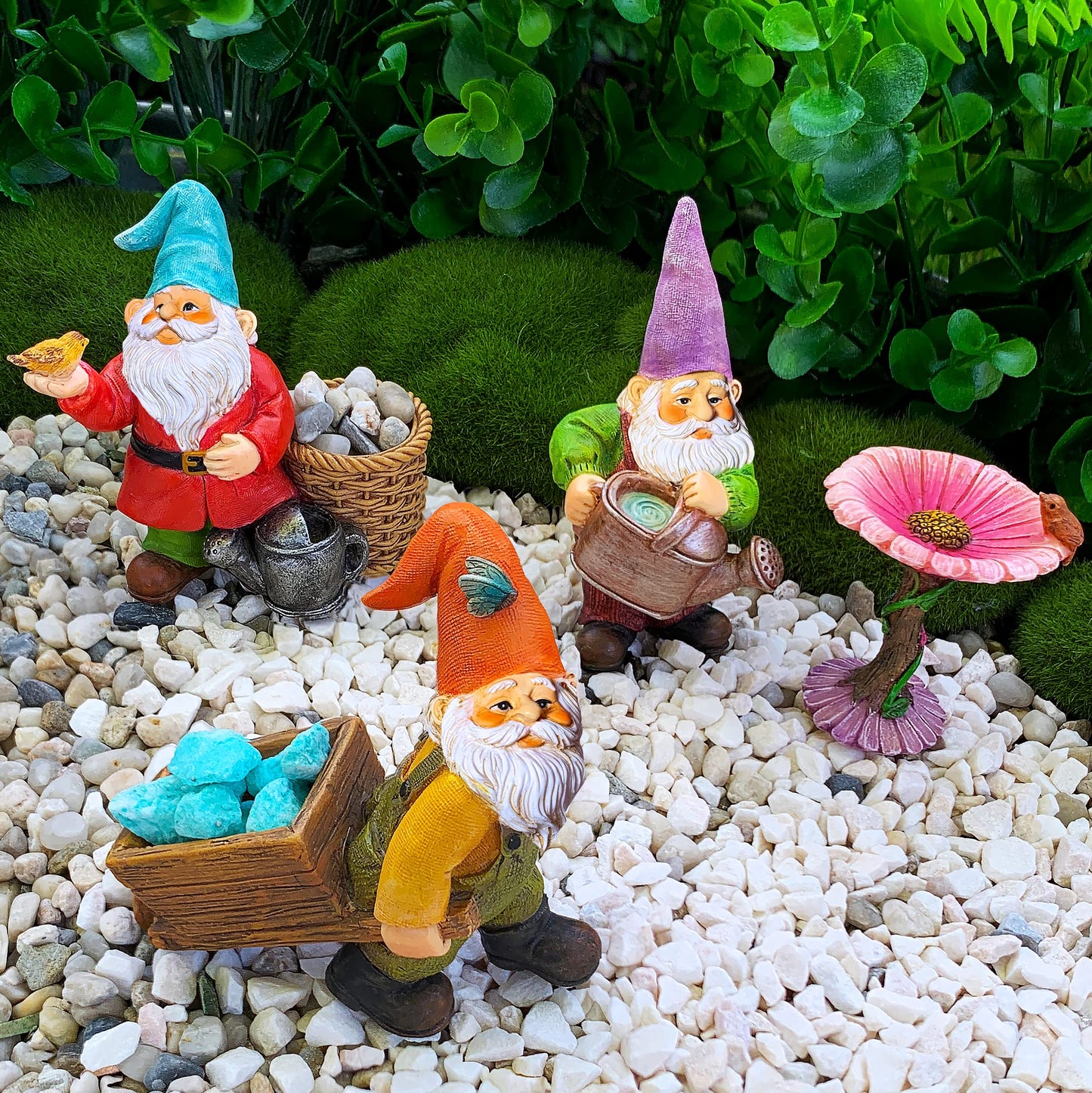 Mood Lab Miniature Garden Gnomes - Gardening Gnome Figurines & Accessories Set (4 pcs) 3.5" H - Indoor Outdoor Garden Decor