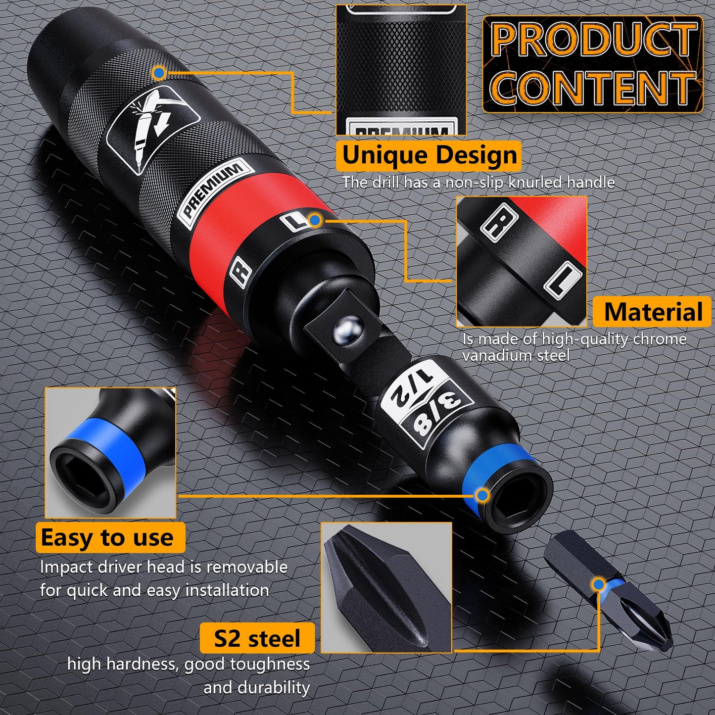 Aiourx 1/2 Inch Drive Manual Impact Driver Set, Reversible Impact Screwdriver Kit, S2 Steel Bits, for Loosen Rusted Fasteners or Frozen Bolts