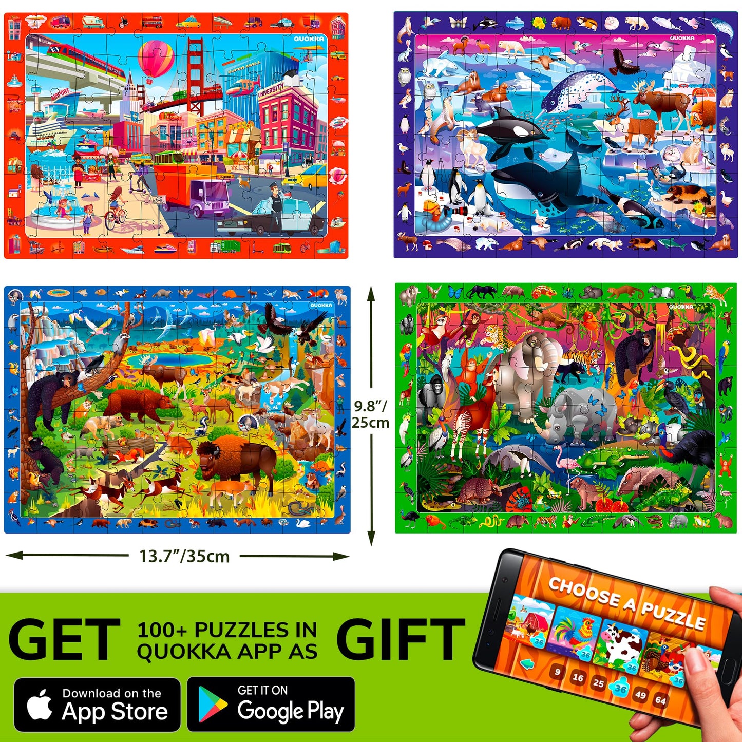 QUOKKA Puzzles for Kids Ages 4-6 - 4 x 60 Puzzles for Toddlers 5-8 - Educational Search & Find Toy for 8-10 yo for Learning Forest Polar, USA National Park Animals & City Life