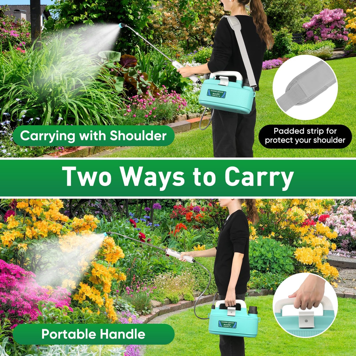 BlumWay Battery Powered Sprayer 1.35 Gallon, Powerful Electric Sprayer with 5 Mist Nozzles, Rechargeable Handle, 4000mAh, Garden Sprayer with Adjustable Shoulder Belt for Lawn/Garden