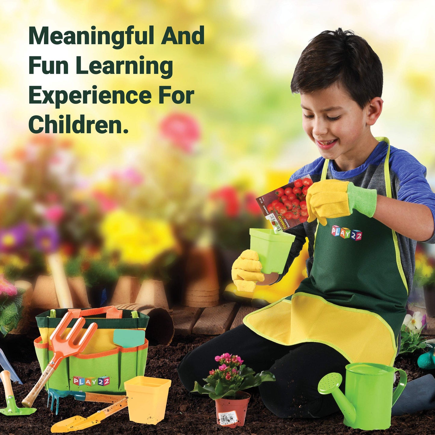 Play22 Kids Gardening Tool Set 12 PCS - Kids Gardening Tools Shovel, Rake Fork Trowel Apron Gloves Watering Can and Tote Bag - Wooden Gardening Tools for Kids Best Outdoor Toys Gift for Boys and Girls
