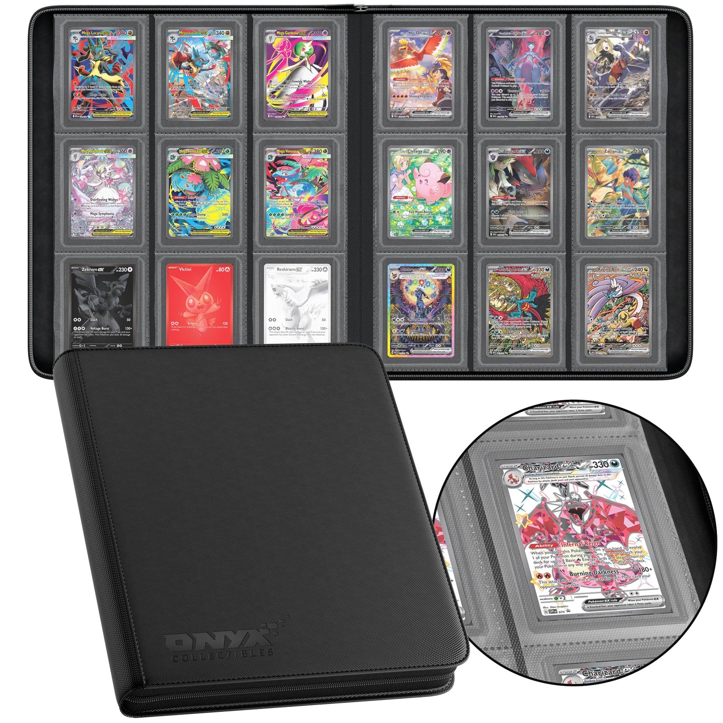 Onyx Toploader Binder 9-Pocket 288 Toploaders - 16 Ringless Double Sided Pages for Cards in 3" x 4" Top Loaders - 9 Pocket Side Loading Pages for Trading or Sports Card Storage - Zipper (Black)