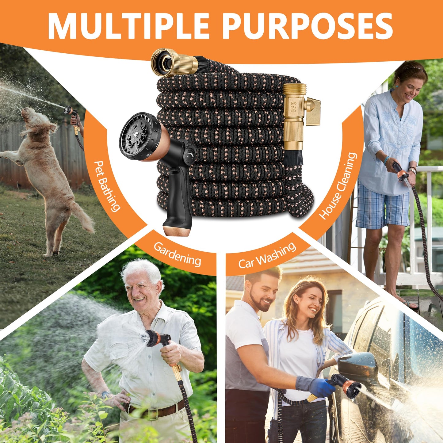 100 Foot Garden Hose – 2026 Upgarded Expandable Garden Hose w/10 Pattern Spray Nozzle, 650psi Brass 3/4” Fittings – Lightweight, Durable, Kink-Free, Retractable Water Hoses for Gardening(Black Gold)