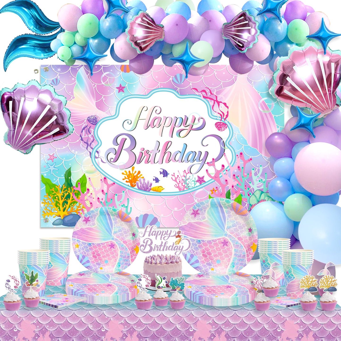 Mermaid Party Supplies - Mermaid Birthday Party Decorations Including Plate, Napkin, Cup, Tablecover, Happy Birthday Backdrop, Balloon Arch Kit for Girls Baby Shower Decor, Serves 20