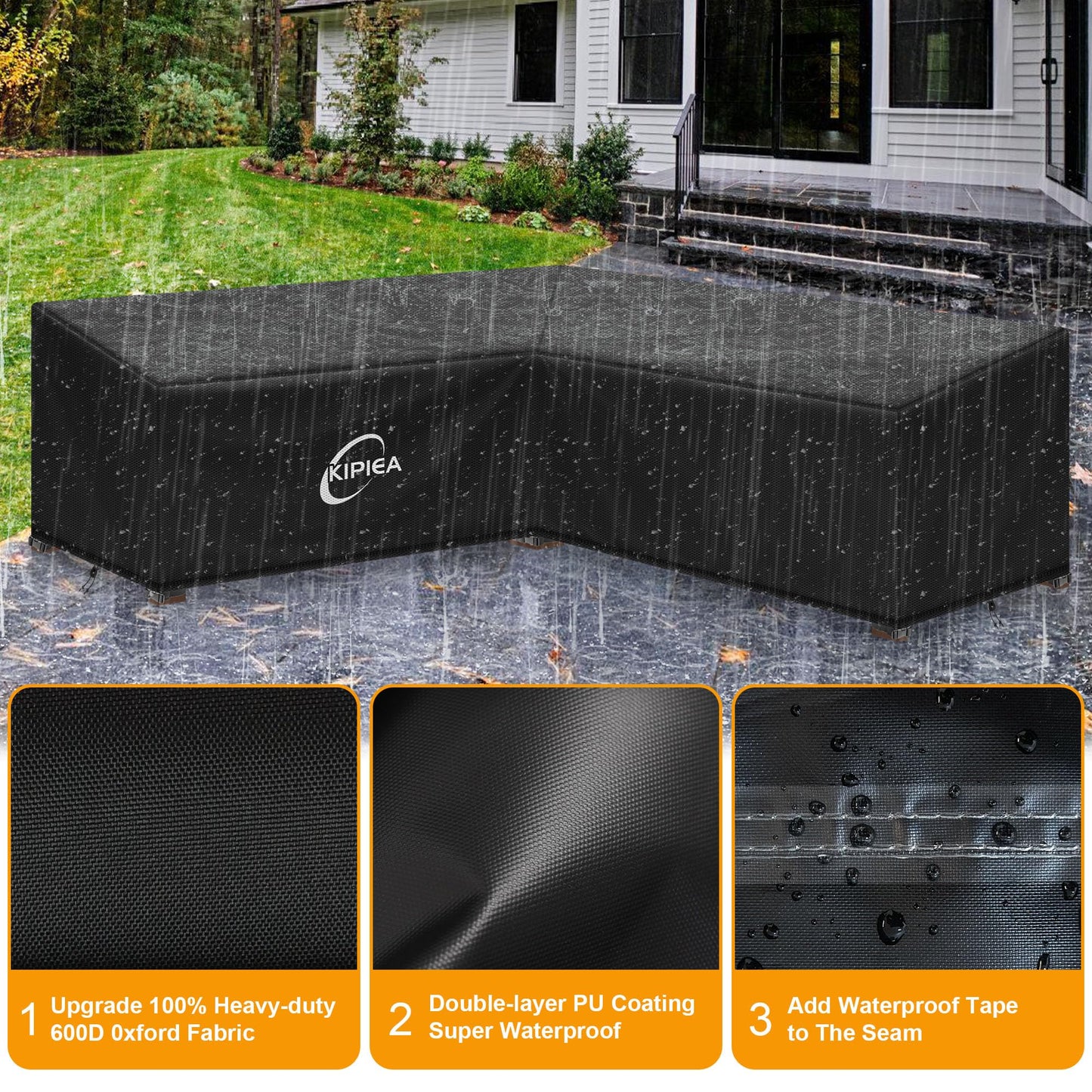 Kipiea 600D V-Shape Outdoor Patio Furniture Covers Waterproof, Outdoor Sectional Cover Windproof, Patio Sectional Sofa Cover Anti-UV, No Tears & No Fading (85"/85"L x 33.5"D x 31"H) Black