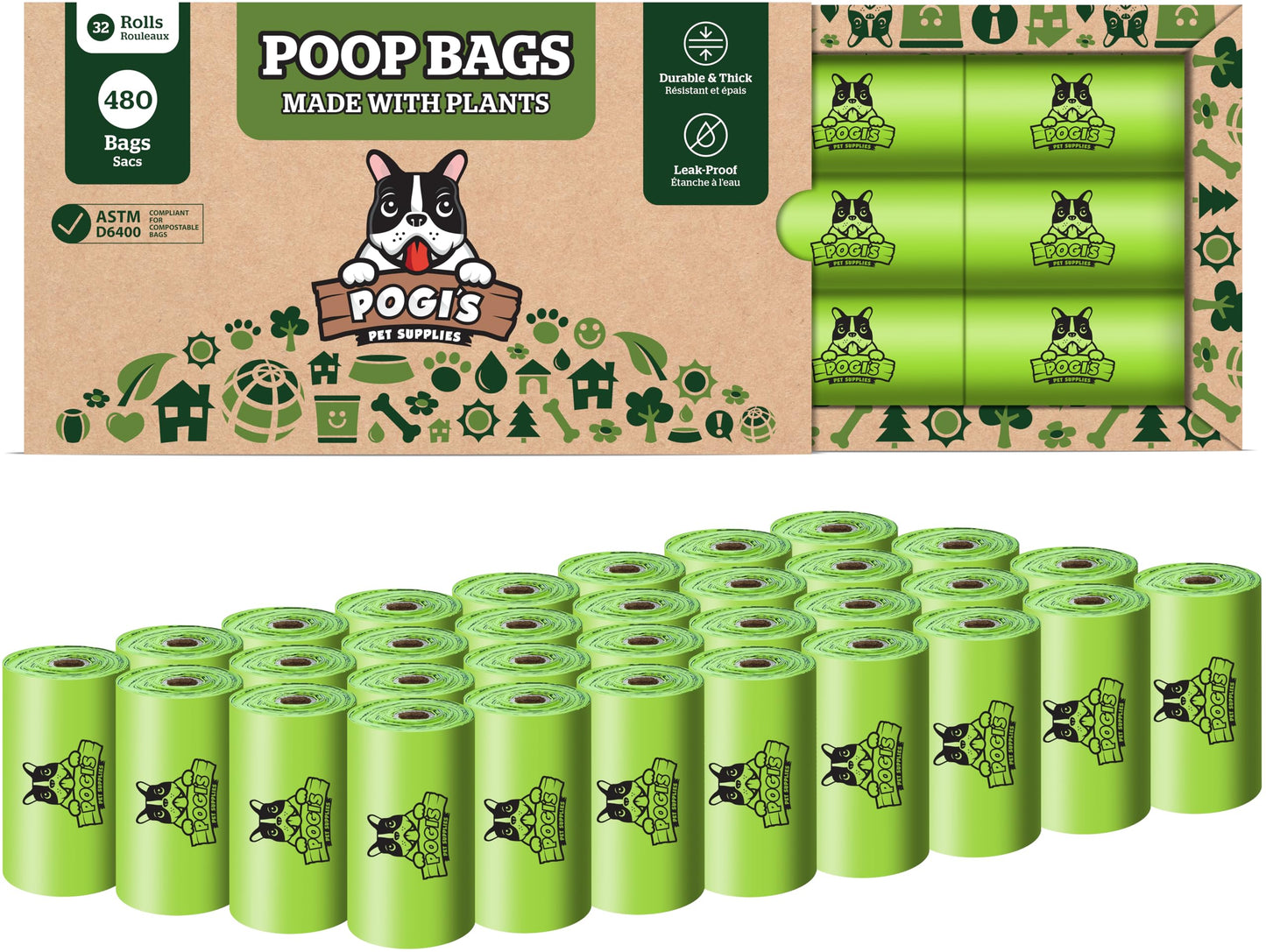 Pogi's Compostable Poop Bags – Leak-Proof, Extra-Large, Plant-Based, Home Compostable – 32 Rolls (480 Bags)