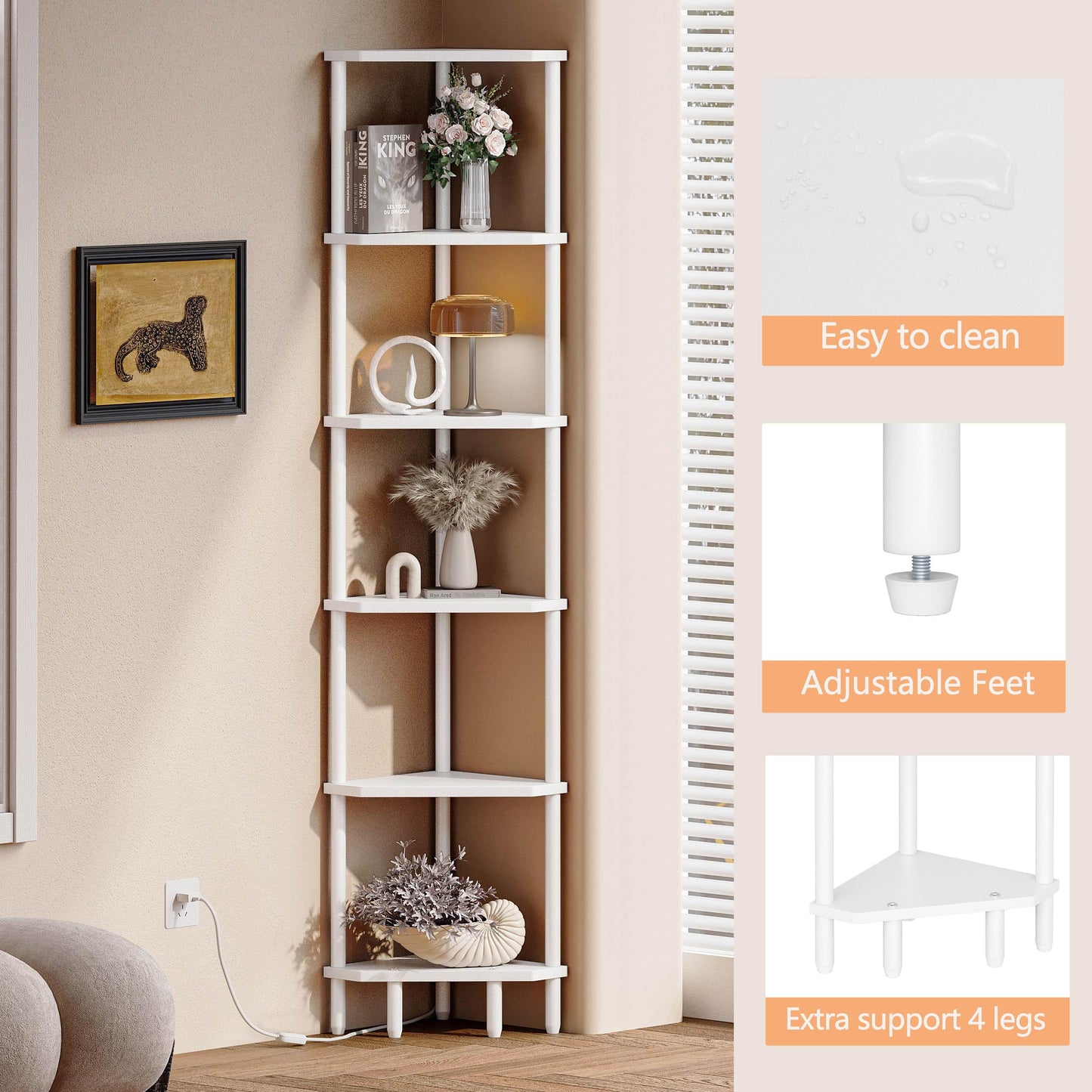 6 Tier Corner Shelf, 66.5'' Tall Standing Shelf, Narrow Display Shelf Stand, Modern Corner Bookshelf, Plant Stand, Corner Bookcase for Living Room, Bedroom, Bathroom, White CALCS502W