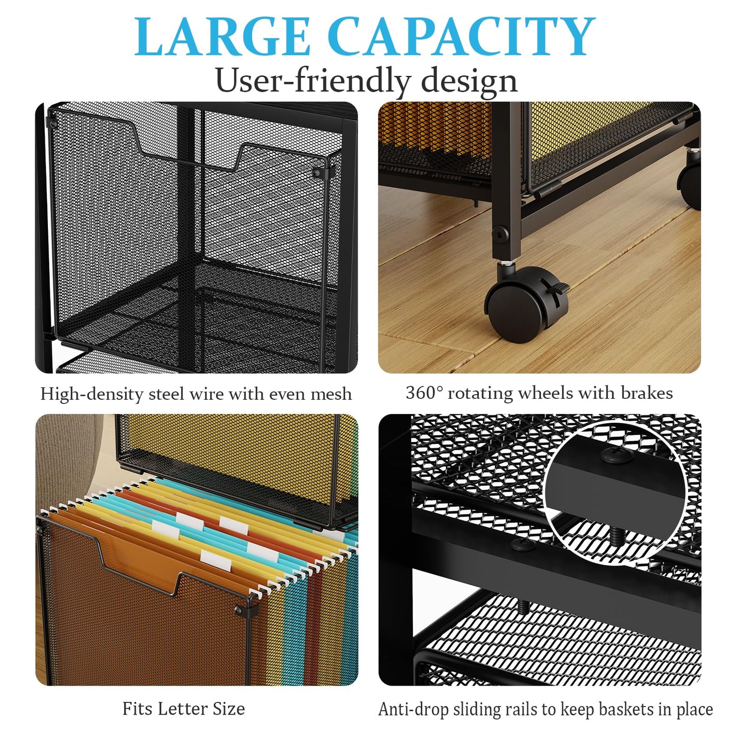 Sbanmao Rolling File Cart with 2 Storage Drawers, File Cabinet with Wheels, Hanging File Folder Organizer, Under Desk Storage, Printer Stand Utility Cart Filing Cabinet for Home Office,Black