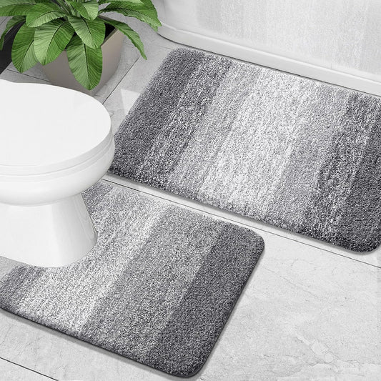 OLANLY Luxury Bathroom Mat Set 2 Piece, Soft Microfiber Absorbent Bath Mat and U-Shaped Contour Toilet Mat, Non-Slip Bathroom Rug Set, Machine Wash, Bath Mats for Bathroom, (24"x16"+24"x20", Grey)