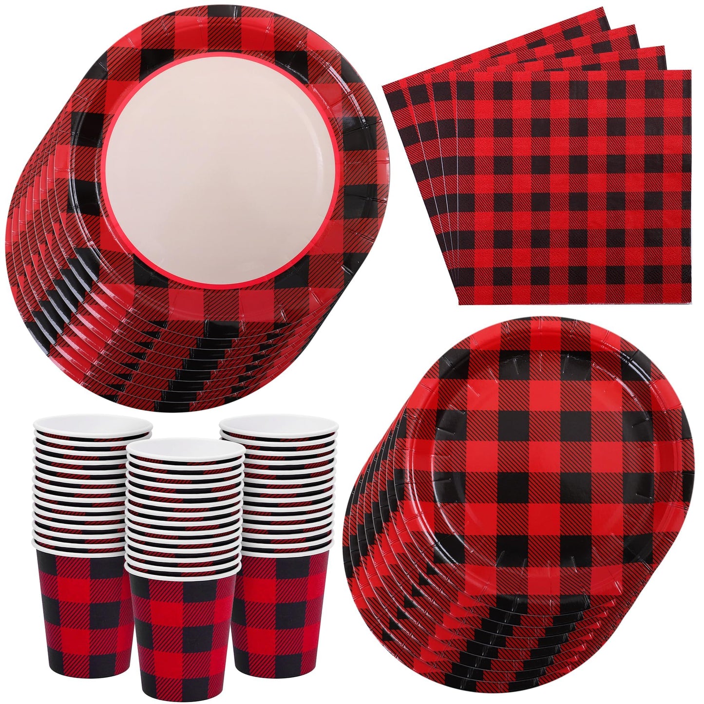 Aneco 200 Pieces Red and Black Buffalo Plaid Dinnerware for 50 Guests Disposable Buffalo Check Paper Plates Cups and Napkins Tableware for Baby Shower Party Decorations