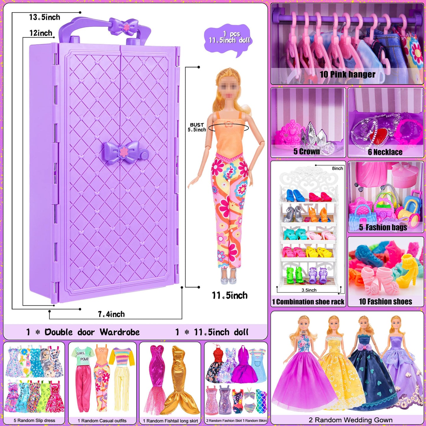 ebuddy Doll and Accessories -11.5 Inch Doll with Closet Including-one Girl Doll, 12 Looks, Rack Dress Shoes Hangers Necklace and Other Accessories