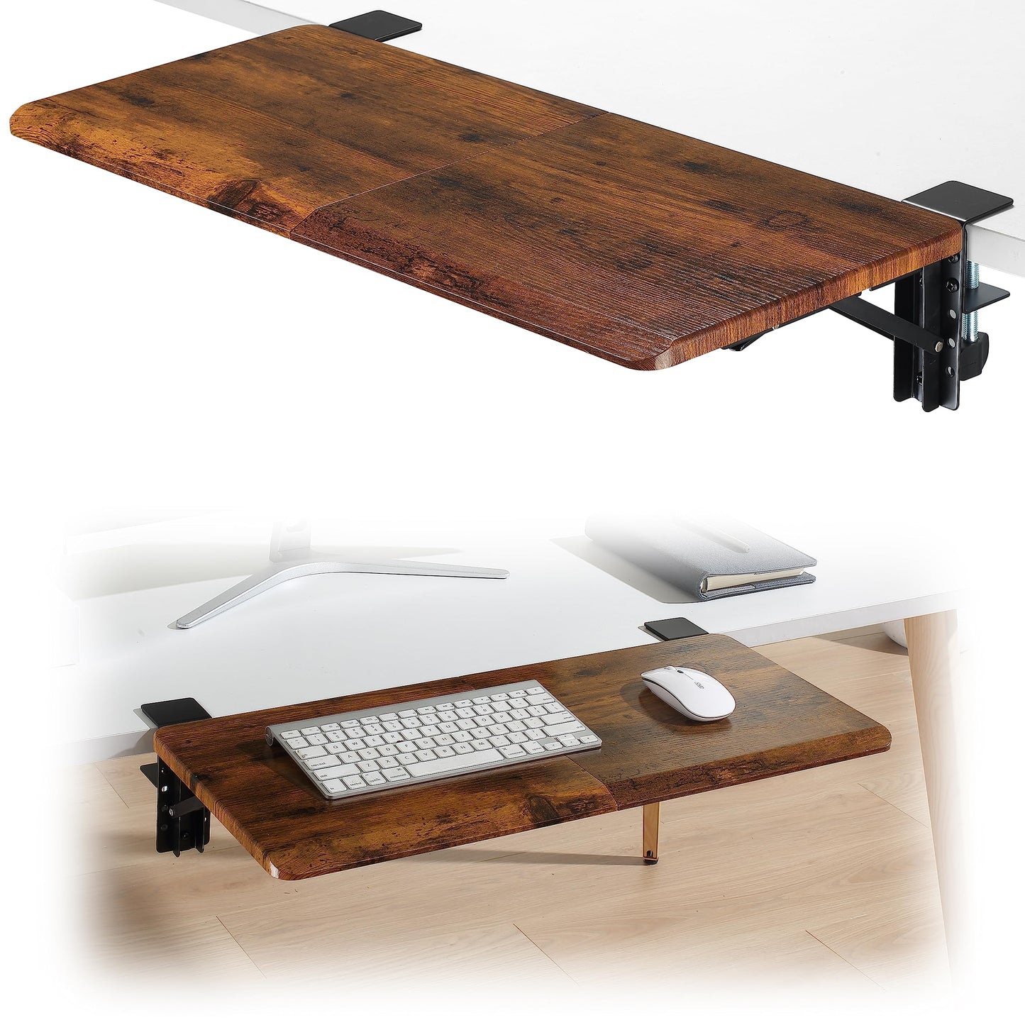 Ergonomics Desk Extender Tray, 25.6"x11.4" Large Size Foldable Keyboard Tray Platform Clamp On, Armrest Support for Home and Office, Walnut