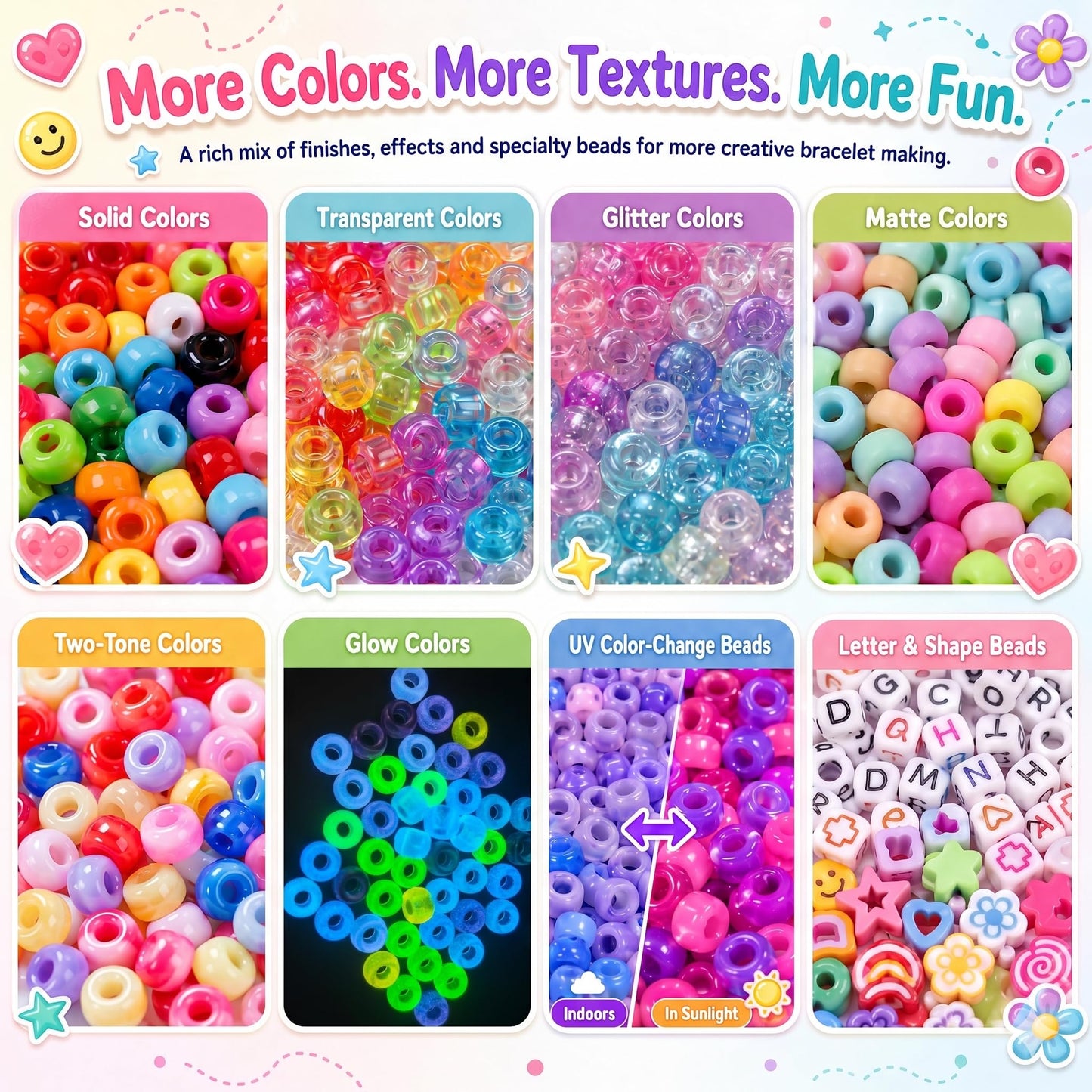 6 Boxes Bracelet Making Kit Pony Beads, 8mm Kandi Rave & Hair Beads Set with UV Color Changing, Glow-in-Dark, Chrome & Alphabet Letters for Friendship Jewelry DIY Crafts