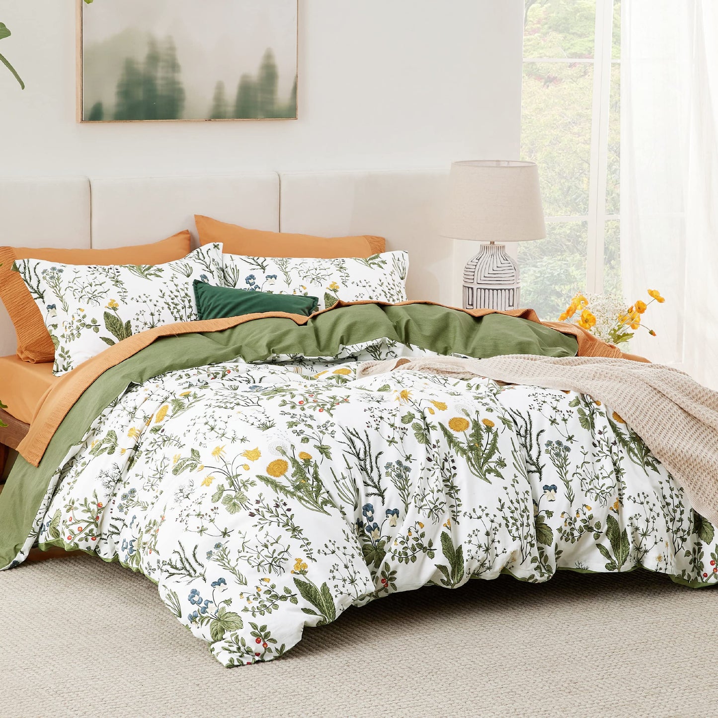 Bedsure Duvet Cover Queen Size - 100% Cotton Reversible Floral Queen Duvet Cover Set with Zipper Closure, 3 Pieces Soft & Breathable Green Bedding Set with 2 Pillow Shams 20"x26"