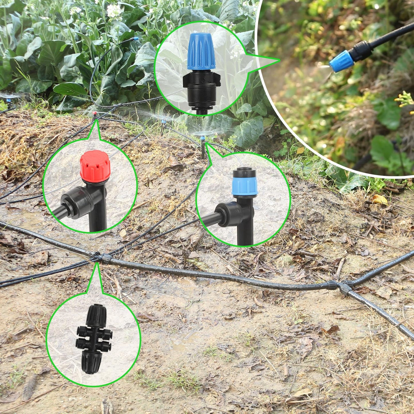 Drip Irrigation Kit – 2025 New Quick-Connect Micro Irrigation System with 46FT 1/2'' Tubing, Locking Nozzle Emitters, Adjustable Misting Sprayers for Gardens, Lawns, Raised Beds and Greenhouses