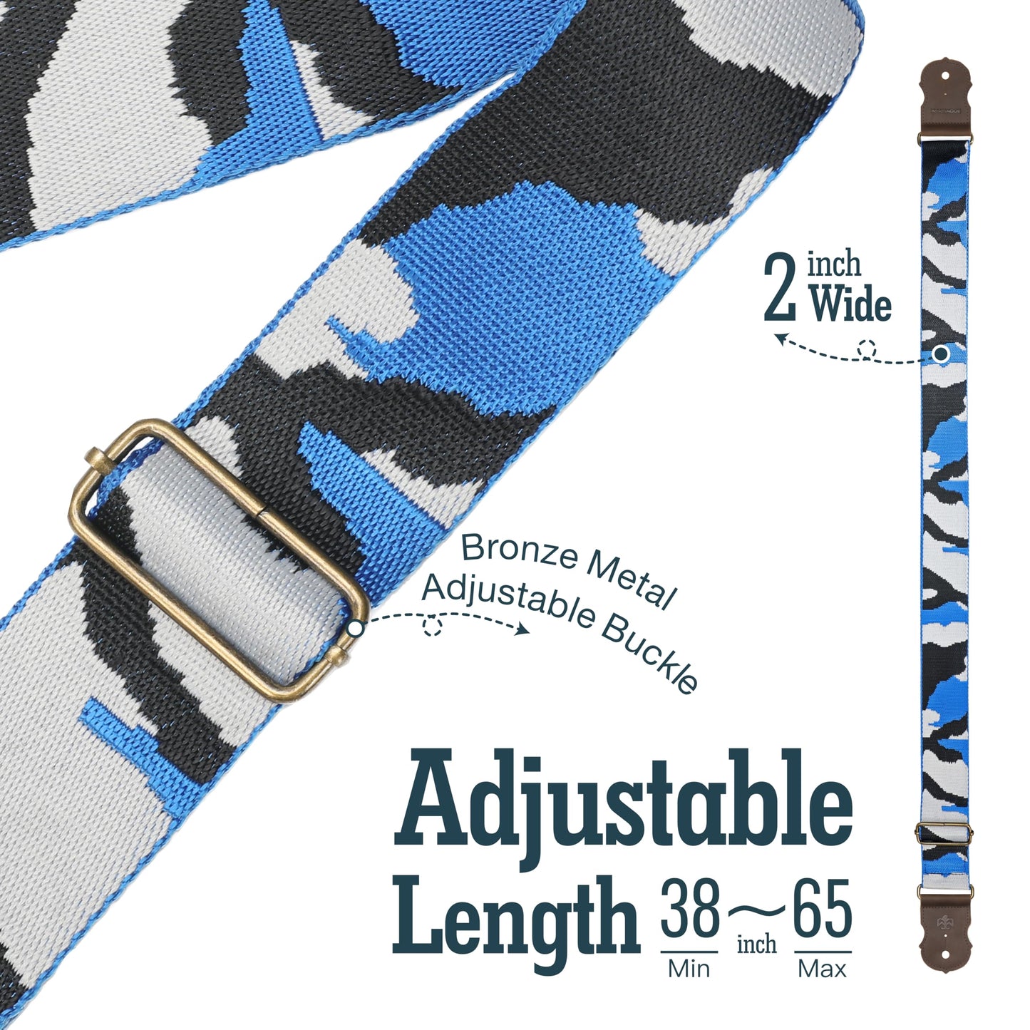 BOONSPARK Guitar Strap - Double Layer Crazy Horse Cowhide Ends,Safe Durable,2in,Soft Adjustable Guitar Straps for Acoustic&Electric Guitars,Bass,Ukulele,Guitarists Gift Set,Charming Blue
