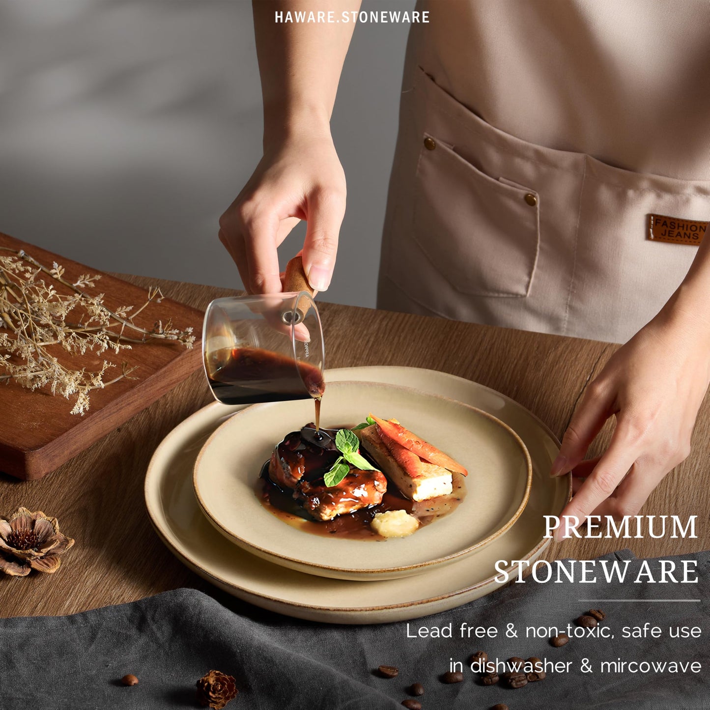 HaWare Dinnerware Sets, 12-Piece Stoneware Plates and Bowls Set, Dish Set for 4, Ceramic Dishware for Home Restaurant, Chip and Scratch Resistant, Microwave and Dishwasher Safe, Reactive Sandy Khaki