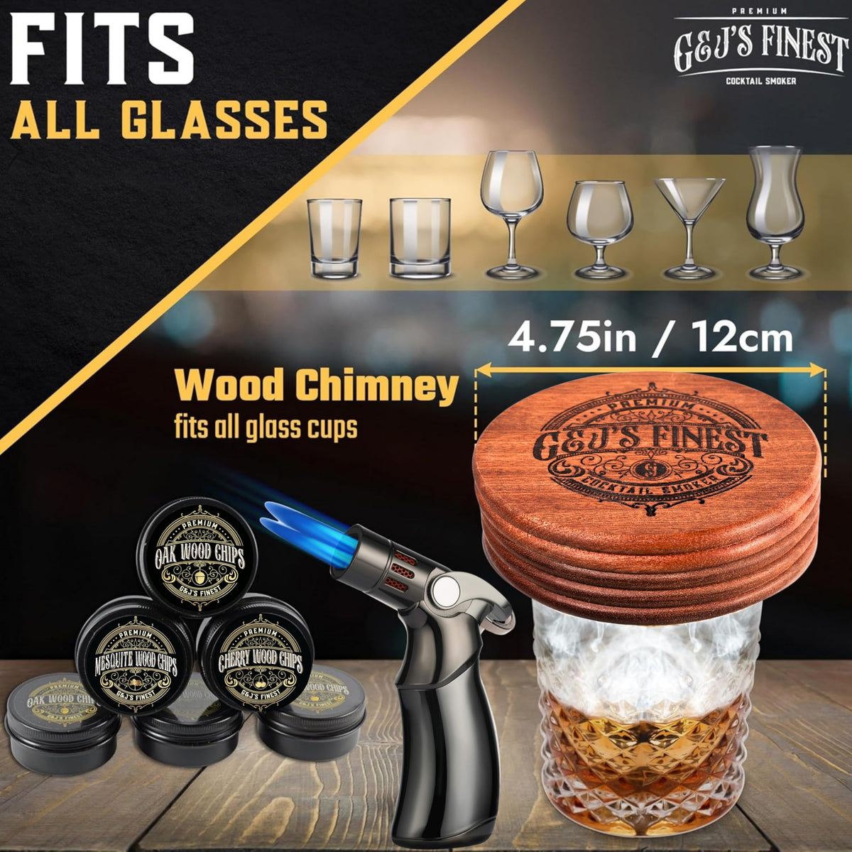 Whiskey Smoker Kit with QuadTorch, 6 Wood Chips & Wooden Gift Box | Cocktail Infuser | Bourbon Barware | Old Fashioned Drinks | Smoked Whisky Present for Dad, Men, Father’s Day, No Butane